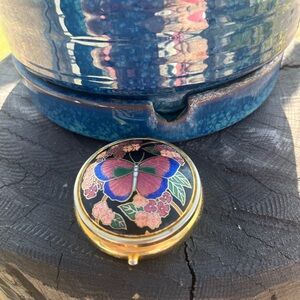 Vintage Butterfly Enamel Cloisonne Pill Case 3 Compartments